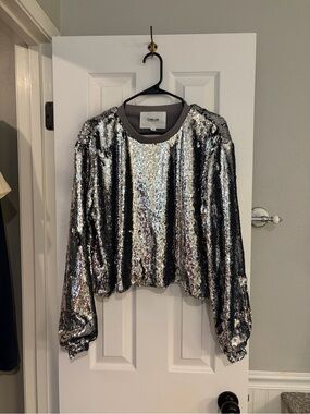 CHRLDR Jace Silver Sequin Sweatshirt XL Cropped Glam Pullover